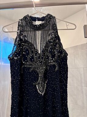 Embellished Navy Blue Evening Dress with Beaded Illusion Neckline